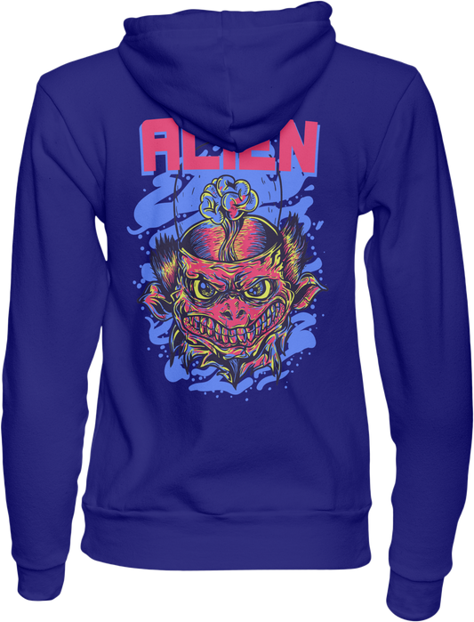 Blue hoodie with a colorful alien design on the back