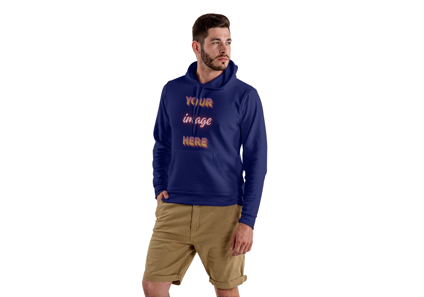 Man wearing a blue hoodie with text "your image here" on it