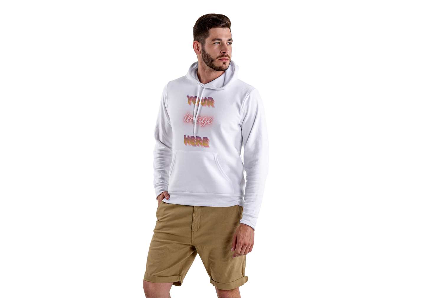 Man wearing a white hoodie with text "your image here" on it and beige shorts 