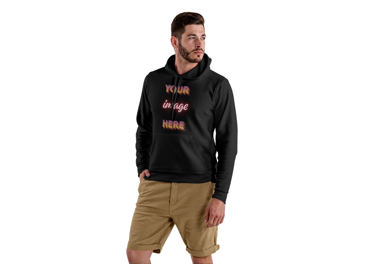 Man wearing a black hoodie with text "your image here" on the front