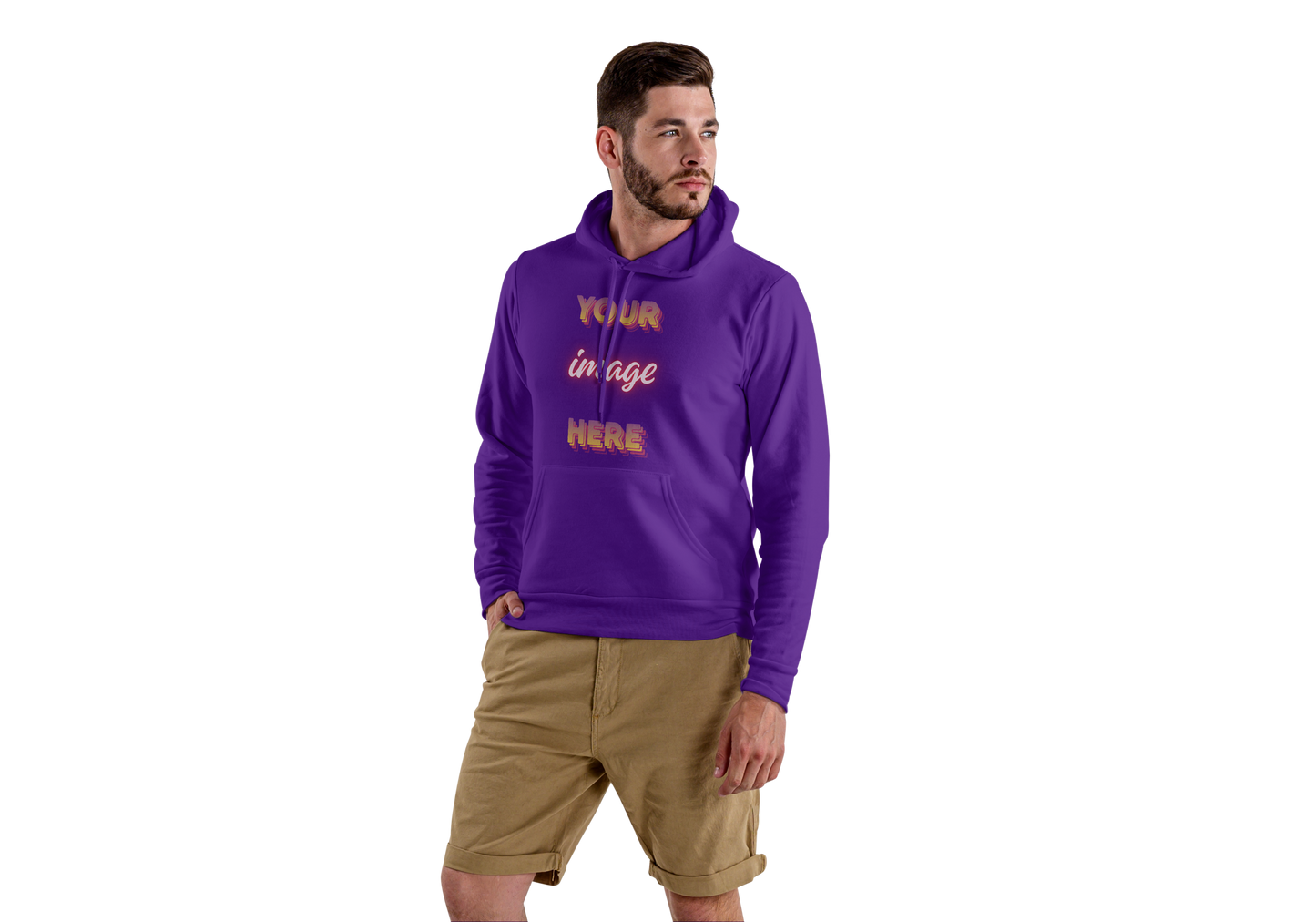 Man wearing a purple hoodie with text "your image here" on the front