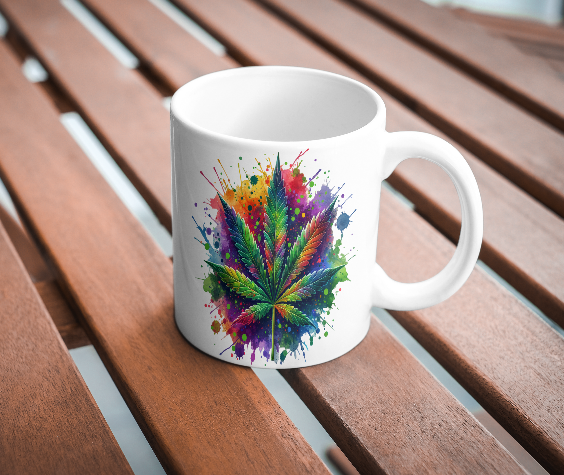 White mug with a colorful cannabis leaf design on a wooden surface