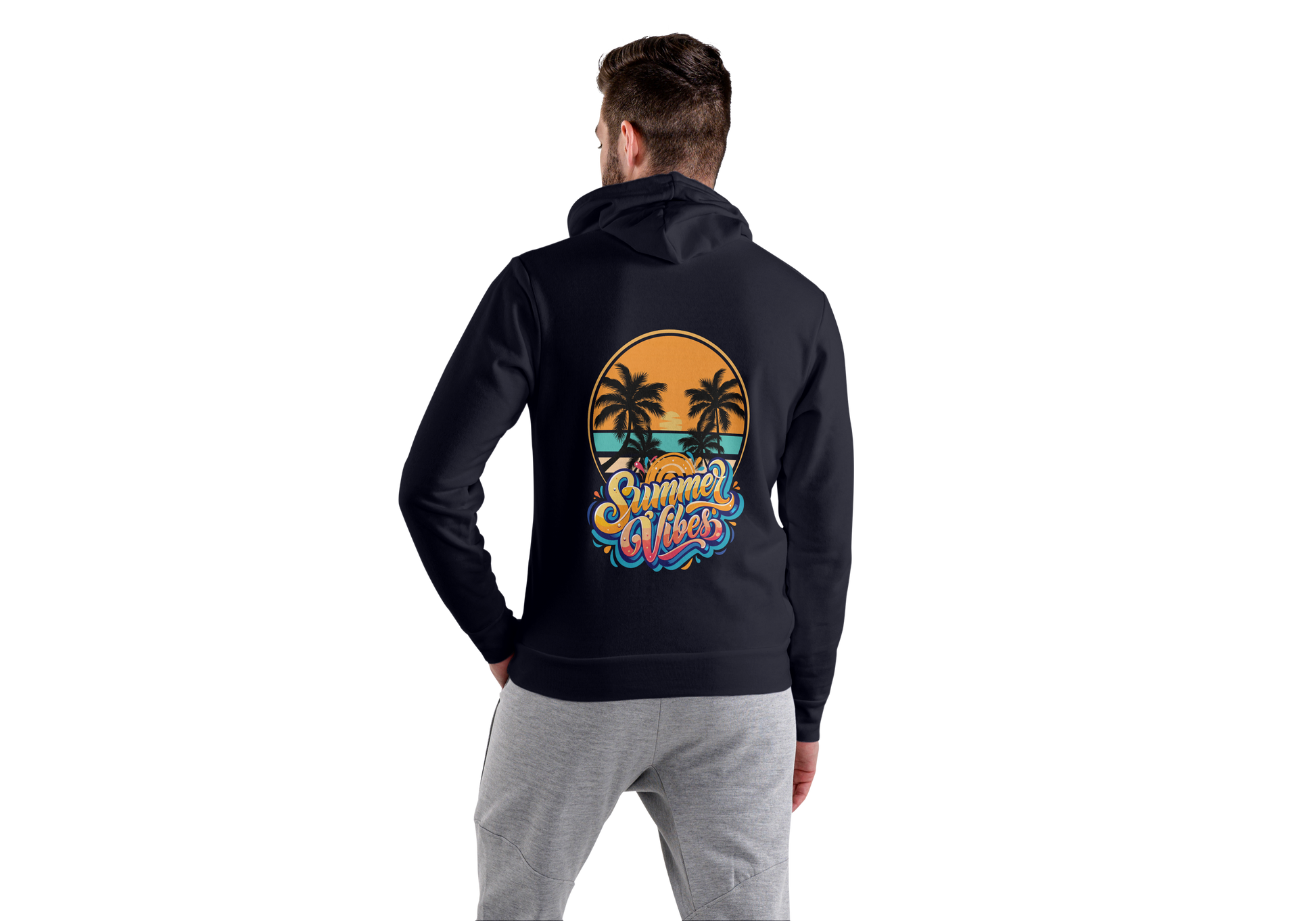 Person wearing a black hoodie with a colorful 'Summer Vibes' design on the back