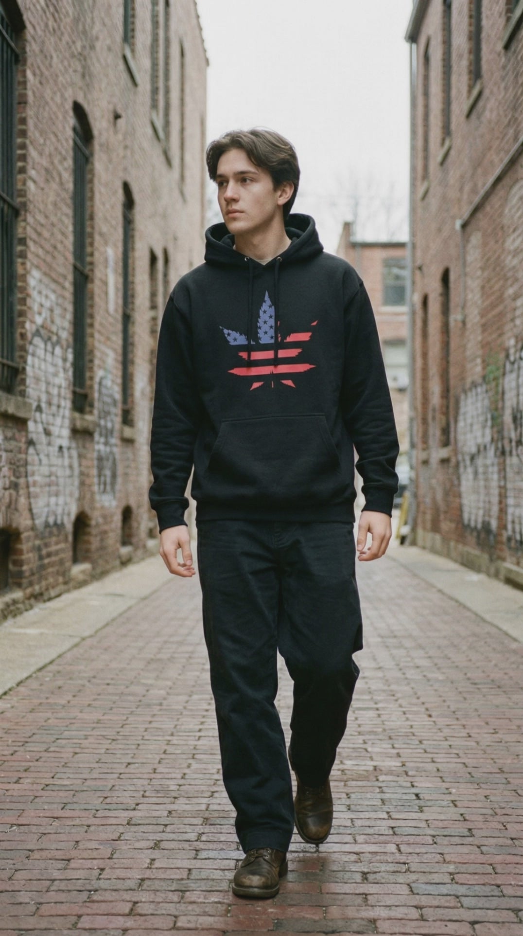 man walking down a brick road wearing a black hoodie with red and blue design with black pants.